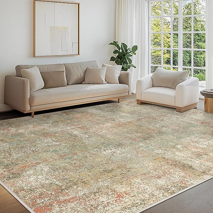 Washable Rug 8x10 Area Rug for Living Room Bedroom, Large Modern Abstract Rug Indoor Floor Carpets Low Pile No Shed Non-Slip with Rubber Backing Dining Room Kitchen Office (Teal&Coral, 8'x10')