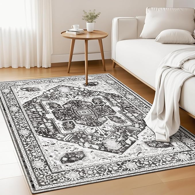 EnHomee 3x5 Washable Area Rugs for Bedroom, Boho Vintage Rugs, Foldable Area Rug for Dining Room, Non-Slip Soft Living Room Rug, Low Pile Large Carpet for Bathroom, Grey