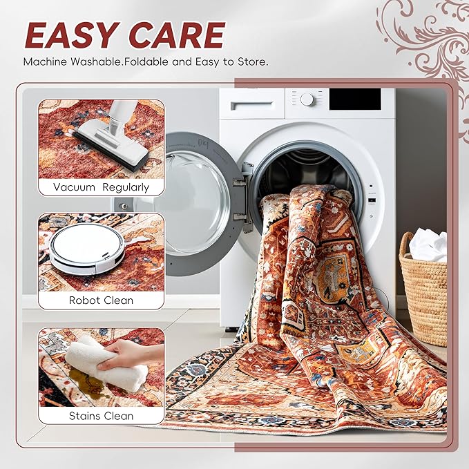 EnHomee 4x6 Washable Area Rugs for Bedroom, Boho Vintage Rugs, Foldable Area Rug for Dining Room, Non-Slip Soft Living Room Rug, Low Pile Large Carpet for Bathroom, Red