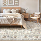 7x9 Area Rug Living Room: Washable Boho Large Neutral Vintage Soft Rugs Stain Resistant Farmhouse Non Slip Indoor Floor Carpet for Bedroom Nursery Kids Playroom Office Dining Room- Cream Blue
