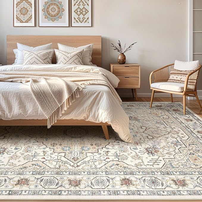 7x9 Area Rug Living Room: Washable Boho Large Neutral Vintage Soft Rugs Stain Resistant Farmhouse Non Slip Indoor Floor Carpet for Bedroom Nursery Kids Playroom Office Dining Room- Cream Blue