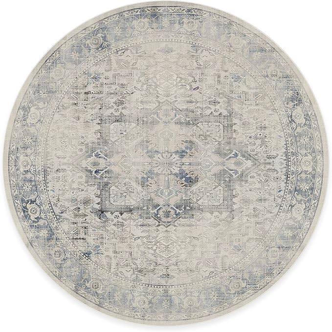 RUGGABLE Washable Vintage Area Rug – Kamran Blue Quartz 8 ft Round, Stain-Resistant, Non-Slip – Large Machine Washable Rugs for Living Room, Bedroom, Hallway, Entryway & Office–with Standard Pad