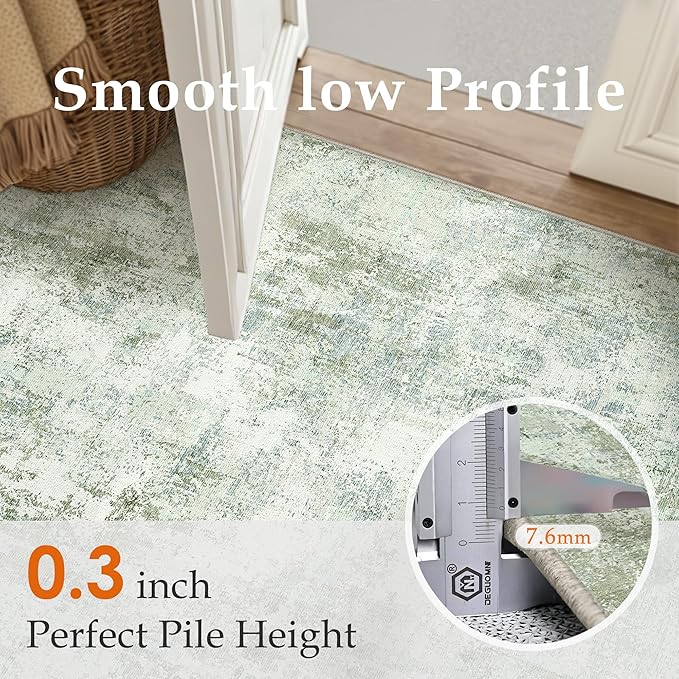 9x12 Washable Area Rug Sage Green Abstract Living Room Bedroom Carpet Neutral Modern Non-Slip Soft Low Pile Lightweight Vacuumable Large Throw Rug for Dining Room