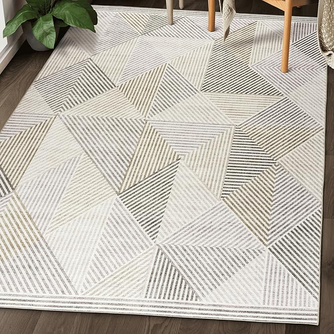 ReaLife Rugs Machine Washable Area Rug - Living Room Bedroom Bathroom Kitchen Entryway Office - Padded Low Pile Stain Resistant Premium - Modern Geometric Contemporary - Miles - Beige 4' x 6'
