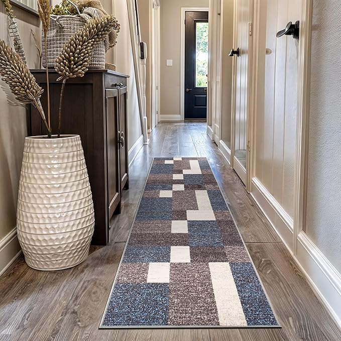 Rugshop Modern Boxes Design Non-Slip (Non-Skid) Carpet for Hallway,Entryway,Kitchen Runner Rug 2'7" x 8' Blue