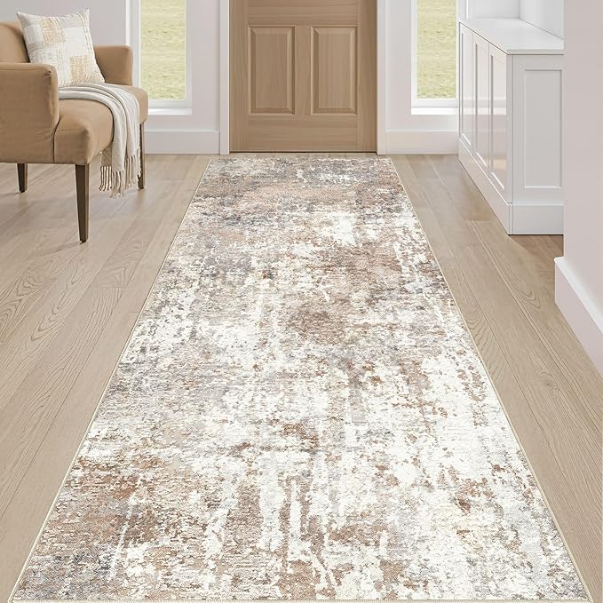 Runner Rug Kitchen Washable Rugs: 3x8 Non-Slip Abstract Soft Modern Stain Resistant Indoor Floor Neutral Accent Throw Carpet for Hallway Bathroom Laundry Room Entryway Bedroom- Brown