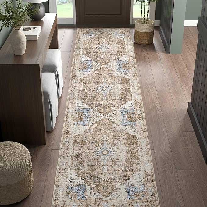 jinchan Kelda Runner Rug 3x10 Washable Rug Soft Hallway Runner Indoor Vintage Print Floor Cover Retro Distressed Lightweight Non-Slip Thin Carpet for Bathroom Kitchen Living Room Bedroom Brick Red