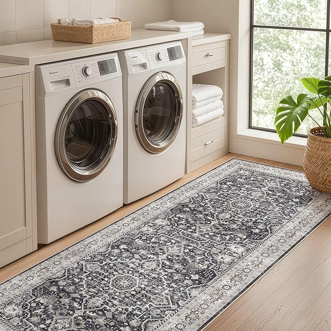 Runner Rug Kitchen Washable Rugs: 3x10 Non-Slip Boho Vintage Distressed Stain Resistant Indoor Floor Moody Oriental Throw Carpet for Hallway Bathroom Laundry Room Entryway Bedroom- Black