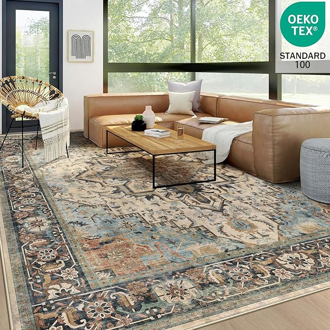 8x10 Machine Washable Area Rug for Living Room, Blue Beige Boho Vintage Floral Rug Large Non-Slip Low Pile Soft Faux Wool Carpet, Kids and Pets Friendly for Bedroom Dining Room Farmhouse Decor Rug