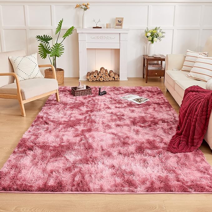 Andency 8x10 Area Rugs for Living Room, Non-Slip Fluffy Soft Large Shag Bedroom Carpet, Tie-Dyed Dark Red Big Indoor Thick Nursery Rug for Kids Dorm Home Decor Aesthetic