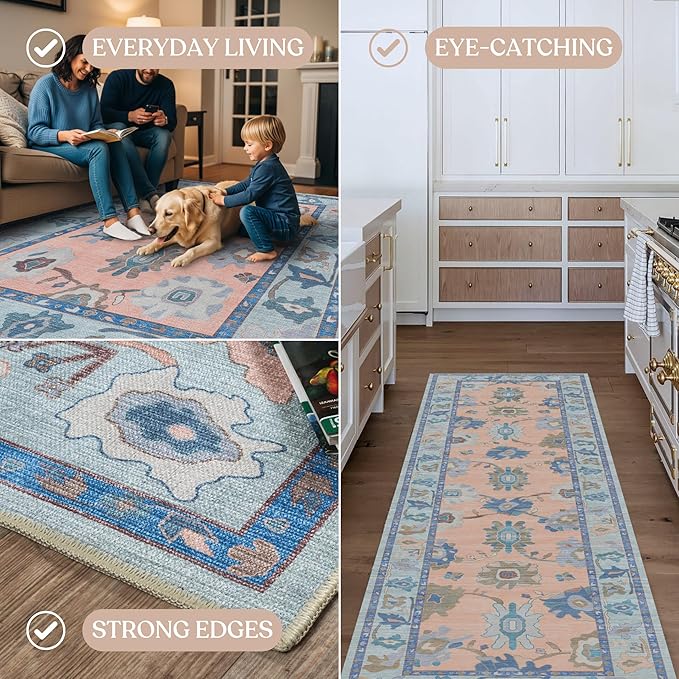 Fame Living Modern Oushak Rug, Small Rugs, Vintage, Turkish, Eclectic, Floral, Pastel, Washable, Door mat, Doormat for Indoor Entrance, Entryway, Kitchen, Bathroom, Bedroom, Laundry, 2'x3'