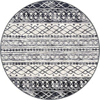 KUTA Round Washable Rug 3Ft Boho Black Navy Blue Entryway Rugs, Moroccan Foyer Kitchen Carpet Non-Slip, Soft Distressed Geometric Low-Pile Circle Throw for Hallway Bedroom Nursery Dorm