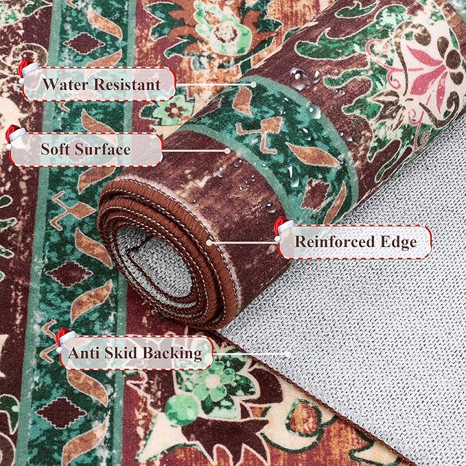 U'Artlines Boho Vintage Round Area Rug 4ft Machine Washable Low Pile Soft Floor Carpet Non Slip Non Shedding Accent Rug for Living Room Bedroom Entryway Dining Room Office Rust＆Teal
