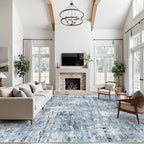 10x14 Area Rugs for Living Room, Non Slip Machine Washable Vintage Rugs, Low Pile Lightweight Large Rug for Bedroom, Dining Room, Home Office Blue