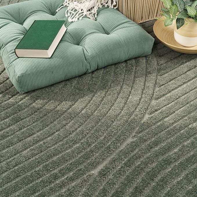 Paco Home Modern Area Rug with Raised Curved Line Pattern – Minimalist Design in Green, Size: 6'7" x 9'6"