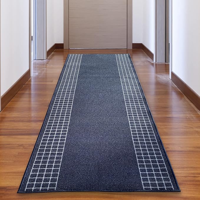 Custom Made Runner Rug for Kitchen Foyer Hallway Entry Choose Your Length 31 Inch Wide Geometric CheckeBlue Design Blue Color (10 feet x 31 Inch)