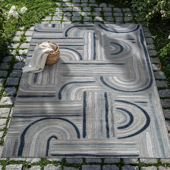 CAMILSON Indoor Outdoor Rug, Blue 6x9 Geometric Arch Striped Area Rugs for Patio and Home Areas, Easy-Cleaning Non-Shedding Living Room, Garden and Deck Washable Outside Carpet (6 x 9)