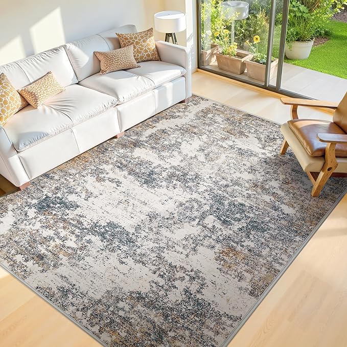 6x9 Washable Area Rugs - Modern Abstract Rugs for Living Room Non-Slip Low Pile Soft Machine Washable Carpet for Bedroom, Dining Room, Nursery, Home Office, Farmhouse (6'x9' Tan Blue)