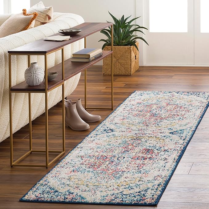 Livabliss Area Rugs - 3x7 Odelia Vintage Boho Aqua Burgandy Blue Runner Area Rug for Living Room Bedroom - Floral Medallion Stain Resistant Carpet for Kitchen, Nursery, Office (2'7" x 7'3", Runner)