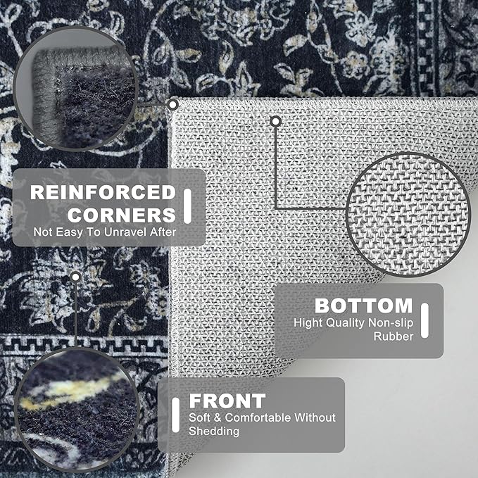 KILOCOCO Hallway Runner 2x6 Rug Runner Printed Vintage Floral Washable Kitchen Runners Non-slip Rubber Backed Runners for Hallways Laundry Room Distressed Boho Rugs for Entryway Bedroom, Navy/Charcoal