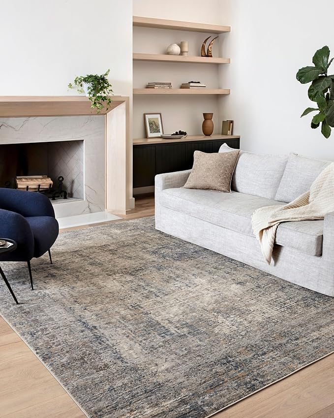 Loloi Teagan Collection TEA-05 Denim/Slate 6'-7" x 9'-2" Area Rug, Large, Soft Neutral Rug, High-Traffic for Living Room, Bedroom, Home Office, Dining Area