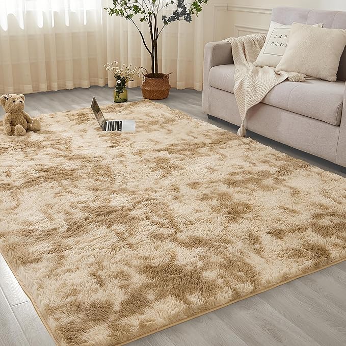 Andency 6x9 Area Rugs, Large Shag Fluffy Soft Shaggy Rugs for Living Room Bedroom, Non-Slip Tie-Dyed Khaki Thick Plush Carpet for Kids Girls and Boys, Dorm Nursery Home Decor Aesthetic