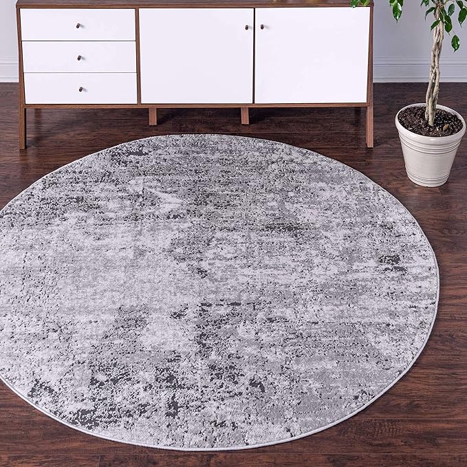 Rugs.com Leipzig Collection Round Rug – 6 Ft Round Grey Low-Pile Rug Perfect for Kitchens, Dining Rooms