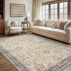 Bavni Area Rugs 8x10 Clearance, Rugs for Living Room, Machine Washable Rug Lightweight Low Pile, Chenille Non Slip Rug Boho Print Decorative Carpet for Bedroom Dinning Room, Ivory/Teal