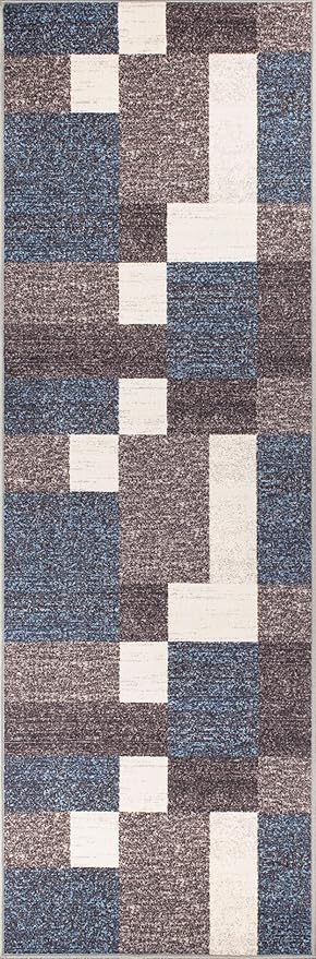 Rugshop Modern Boxes Design Non-Slip (Non-Skid) Carpet for Hallway,Entryway,Kitchen Runner Rug 2'7" x 8' Blue