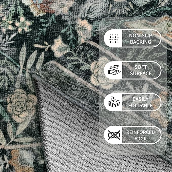 Washable Living Room Rug: 9x12 Boho Floral Soft Area Rug for Bedroom Decor - Vintage Low Pile Thin Carpet for Dining Room Non-Slip - Farmhouse Stain Resistant Rugs - Dark Green