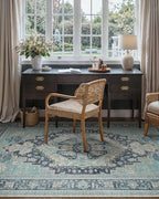 GENIMO 8X10 Area Rugs for Living Room, Machine Washable Vintage Floor Cover Foldable Modern Non Slip Rug, Low Pile Soft Indoor Carpet Floral Print Mat Rug,Bedroom/Dining Room/Home Office,Teal