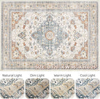 8x10 Area Rugs Living Room: Washable Boho Large Neutral Vintage Soft Rug Stain Resistant Distressed Farmhouse Non-Slip Indoor Floor Carpet for Bedroom Nursery Kids Office Dining Room- Beige Blue