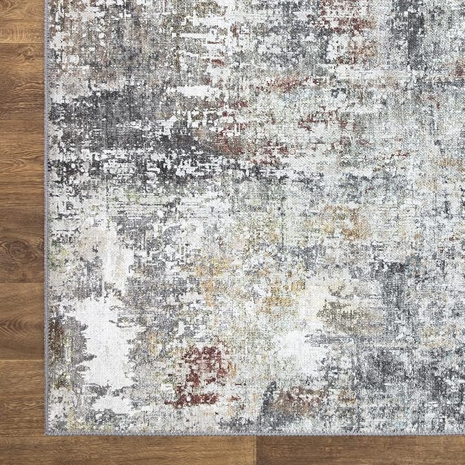 Bloom Rugs Washable Non-Slip 10 ft Runner - Gray/Red/Brown Modern Abstract Runner for Entryway, Hallway, Bathroom, and Kitchen - Exact Size: 2.5' x 10'