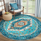 SERISSA Boho Round Area Rug, 4ft Washable Non-Slip Circle Rug, Ultra Soft Oriental Vintage Blue Low-Pile Small Circular Carpet for Bedroom Entryway Kids Room Office College Dorm Living Room