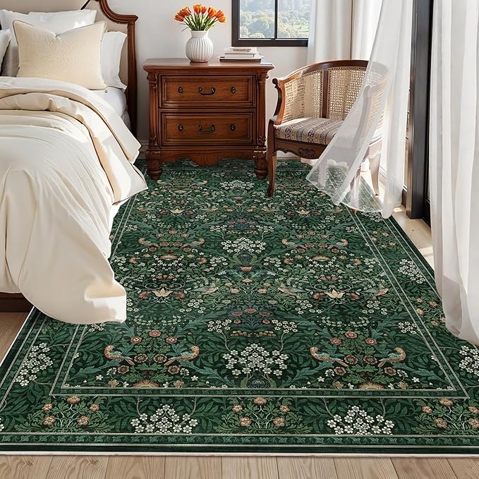 5x7 Floral Washable Area Rugs for Living Room, Vintage Boho Large Rug for Bedroom Dining Room， Distressed Botanical Birds Non Slip Low Pile Forest Throw Carpet for Farmhouse Office, Bright Green