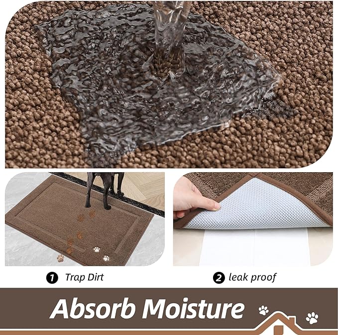 BEQHAUSE Dog Door Mat for Muddy Paws 24"x36" Dirt Trapper Absorbent Doormat Non Slip Entryway Rugs Washable Stain Resistant Welcome Floor Mat Soft Low-Profile for Front Back Door, Brown