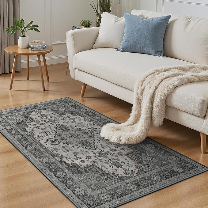 Bavni Vintage 3x5 Area Rugs, Boho Oriental Living Room Rug, Machine Washable Rug Non Slip, Distressed Print Indoor Small Black Rugs, Low Pile Ultra-Thin Soft Carpet for Bedroom, Dining Room, Farmhouse