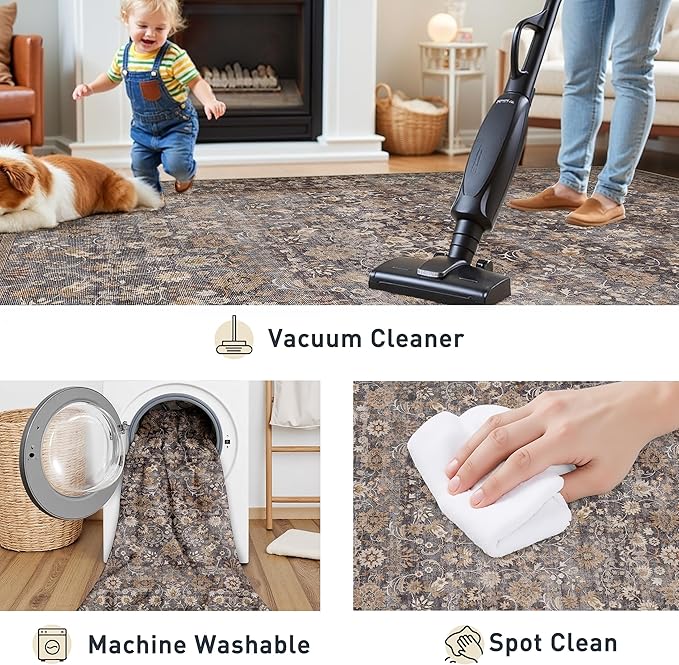 HUGEAR 4x6 Machine Washable Rugs Tradition Brown Hallway Area Rug Indoor Accent Rug Floral Low Pile Carpet Soft Throw Rug Bedroom Living Room Office Dining Room Kitchen Laundry Room Non Slip