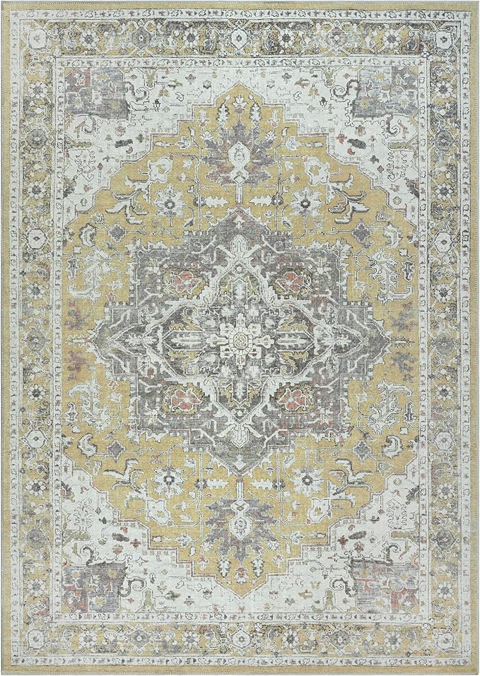 Bloom Rugs Washable Non-Slip 9' x 12' Rug - Yellow Traditional Medallion Area Rug for Living Room, Bedroom, Dining Room, and Kitchen - Exact Size: 9' x 12'