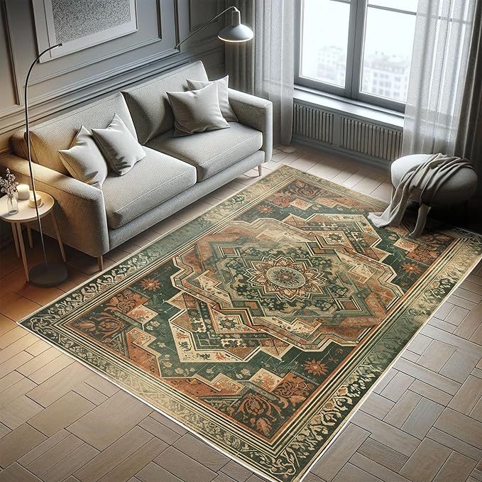 Ambesonne Oriental Boho Decorative Rug, Bohemian Flowery Mandala with Abstract Geometric Details Print, Quality Carpet for Bedroom Dorm and Living Room, 2' 5" x 5', Hunter Green Peach