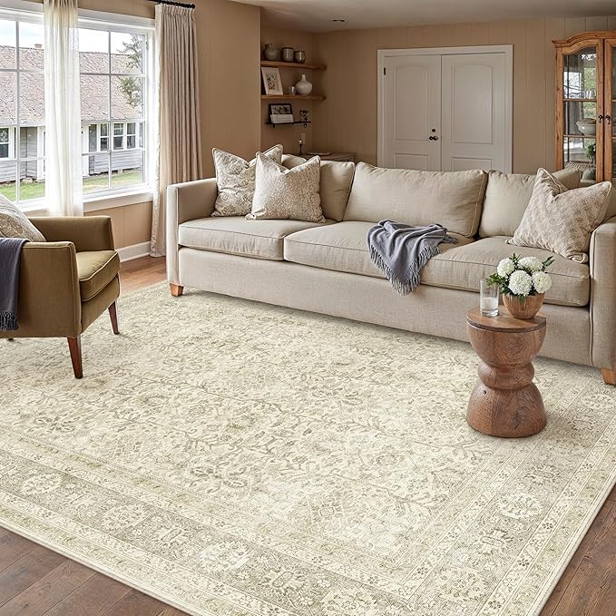 Vintage Area Rug 8x10 Beige Washable Living Room Large Carpet Non Slip Bedroom Indoor Office Low Pile Traditional Distressed Retro Accent Rug for Dining Room