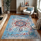 GLN Rugs Traditional Collection - Machine Washable Area Rug, Traditional Washable, Non Slip, Low Pile Chenille Rug, Living Room, Bedroom, Kitchen Rug (5' x 7' Blue/Multicolor)