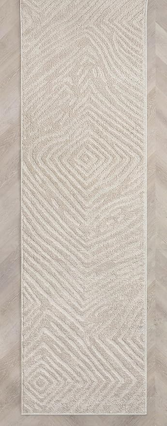 Well Woven Custom Size Hallway Stair Runner - Choose Your Length - 27 Inches Wide x 65 Feet Long Runner (27" x 65' Runner) Rug - Ivory Relajo Soft Touch, Modern Geometric - Hi-Lo Pile
