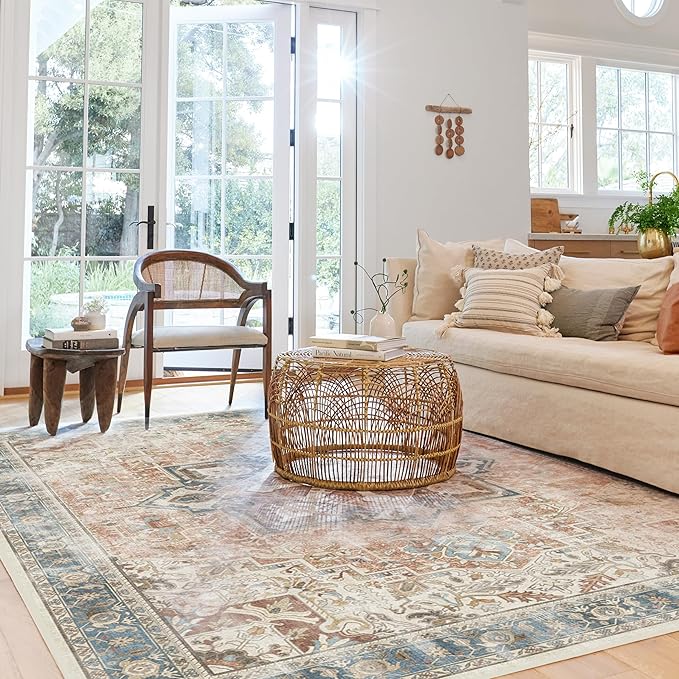RUGGABLE Washable Vintage Area Rug – Kamran Coral 9x12, Stain-Resistant, Non-Slip – Large Machine Washable Rugs for Living Room, Bedroom, Hallway, Entryway & Office–with Cushioned Pad
