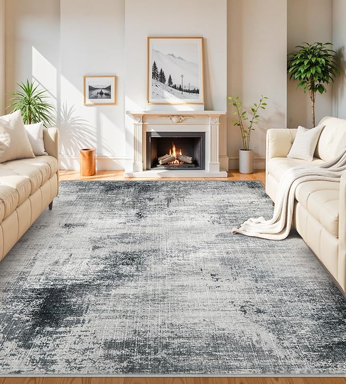 4x6 Washable Area Rugs - Modern Abstract Rugs for Living Room Non-Slip Low Pile Soft Machine Washable Carpet for Bedroom, Dining Room, Nursery, Home Office, Farmhouse (4'x6' Dark Grey)