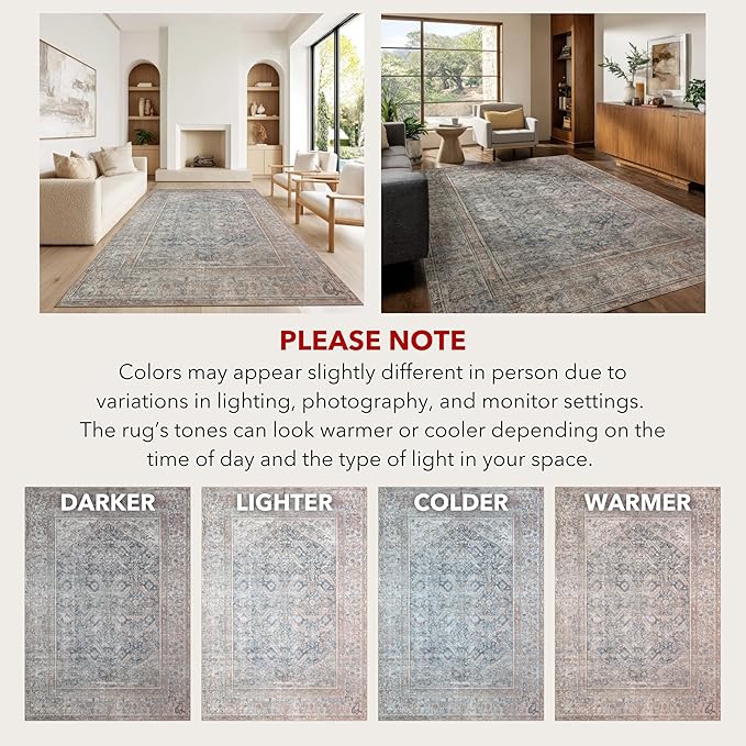 Kuden 9x12 Large Area Rug, Machine Washable Area Rug with Non-Slip Backing, Vintage Style, Soft, Easy Clean, Low Pile Rug for Living Room, Bedroom, Dining Room