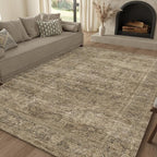 FMFUNCTEX 5x7 Washable Area Rug Neutral Vintage Brown Distressed Non Slip Low Pile Traditional Indoor Carpet for Living Room Bedroom Soft Retro Mat Throw Rug for Dining Office Kitchen Dorm Entryway