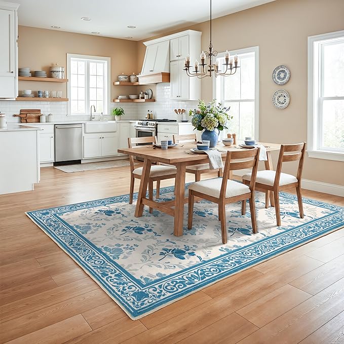 SOULFUL Medium Pile 8x10 Rugs for Living Room - Soft Underfoot Large Area Rug - Blue Boho Floral - Washable Non-Slip - Perfect for Bedroom Kids Room Under Dining Table Office