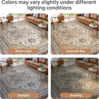 GENIMO 8X10 Area Rugs for Living Room, Machine Washable Vintage Floor Cover Foldable Modern Non Slip Rug， Low Pile Soft Indoor Carpet Floral Print Mat Rug,Bedroom/Dining Room/Home Office,Beige