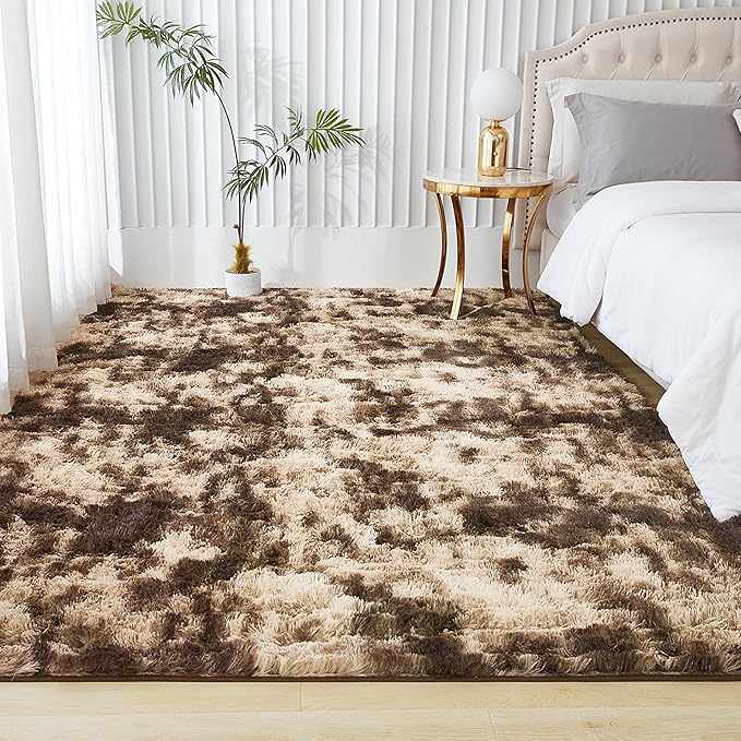 Andency Area Rugs 9x12 for Living Room Home Decor, Large Shaggy Bedroom Carpet, Non-Slip Big Shag Indoor Thick Soft Fluffy Furry Fur Area Rugs for Kids Dorm Nursery Aesthetic, Tie-Dyed Brown